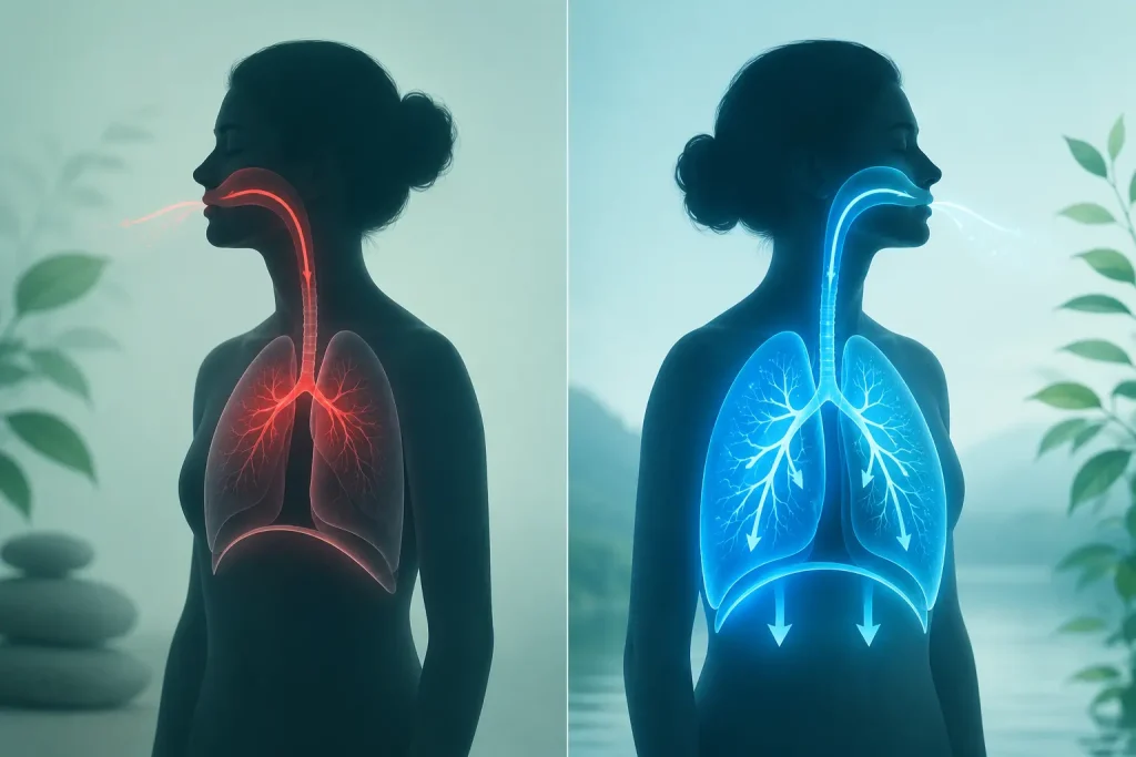 Comparison diagram of shallow breathing vs deep breathing for lung health.