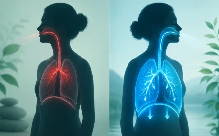 Comparison diagram of shallow breathing vs deep breathing for lung health.