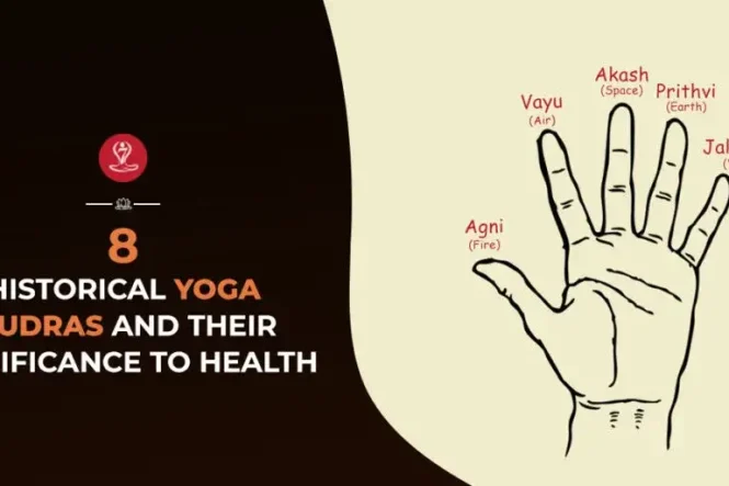 Illustration of 8 historical yoga mudras showing ancient hand gestures used for meditation, mindfulness, energy balance, spiritual growth, and overall well-being.