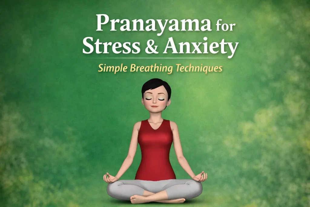Pranayama breathing exercise illustration with 3D woman meditating for stress and anxiety relief