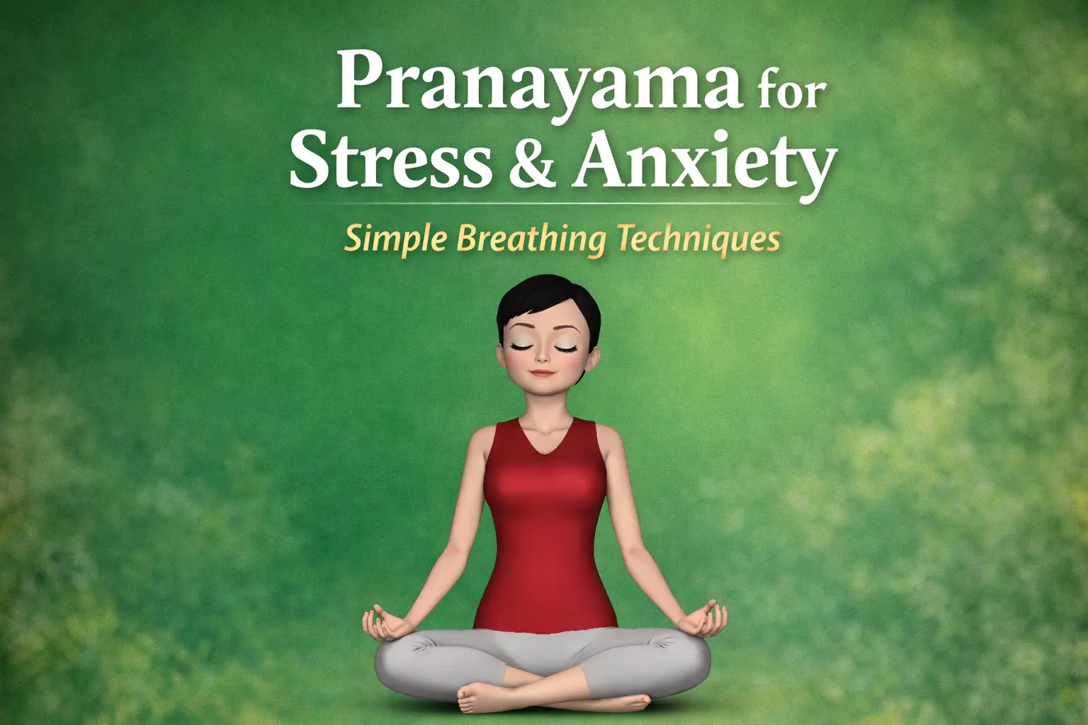 Pranayama breathing exercise illustration with 3D woman meditating for stress and anxiety relief
