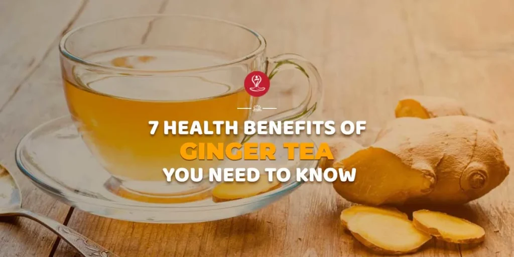Ginger tea health benefits with fresh ginger root, lemon, and herbal wellness drink