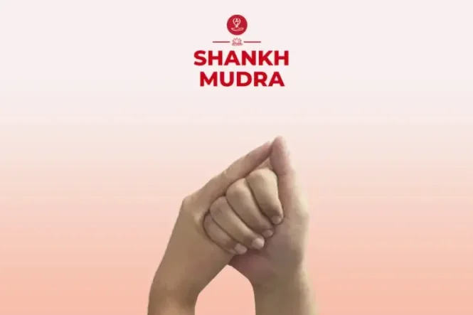 Shankh Mudra hand gesture showing the correct finger position during yoga meditation