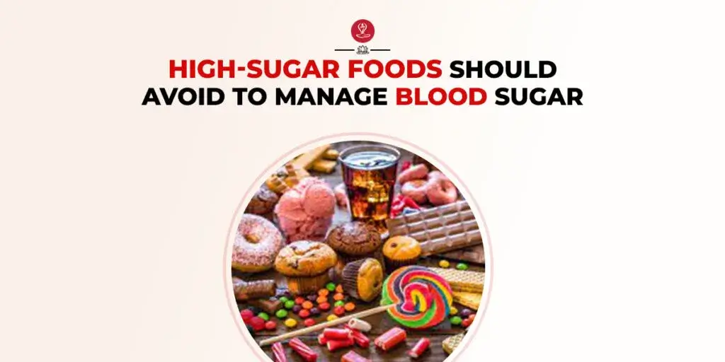Collection of high sugar foods to avoid including soda, candies, and desserts