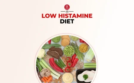 Fresh low-histamine foods including apples, pears, fresh vegetables, and grains.