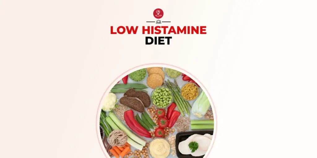 Fresh low-histamine foods including apples, pears, fresh vegetables, and grains.