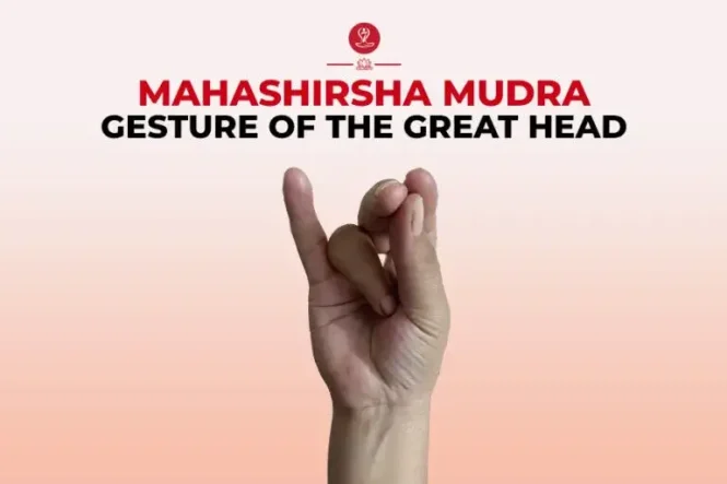 Woman practicing Mahashirsha Mudra during meditation.