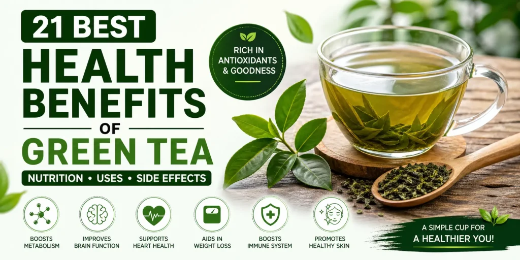 Green tea leaves with a fresh brewed cup showcasing natural antioxidants, wellness benefits, nutrition, and healthy lifestyle support.