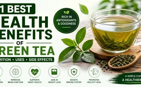 Green tea leaves with a fresh brewed cup showcasing natural antioxidants, wellness benefits, nutrition, and healthy lifestyle support.