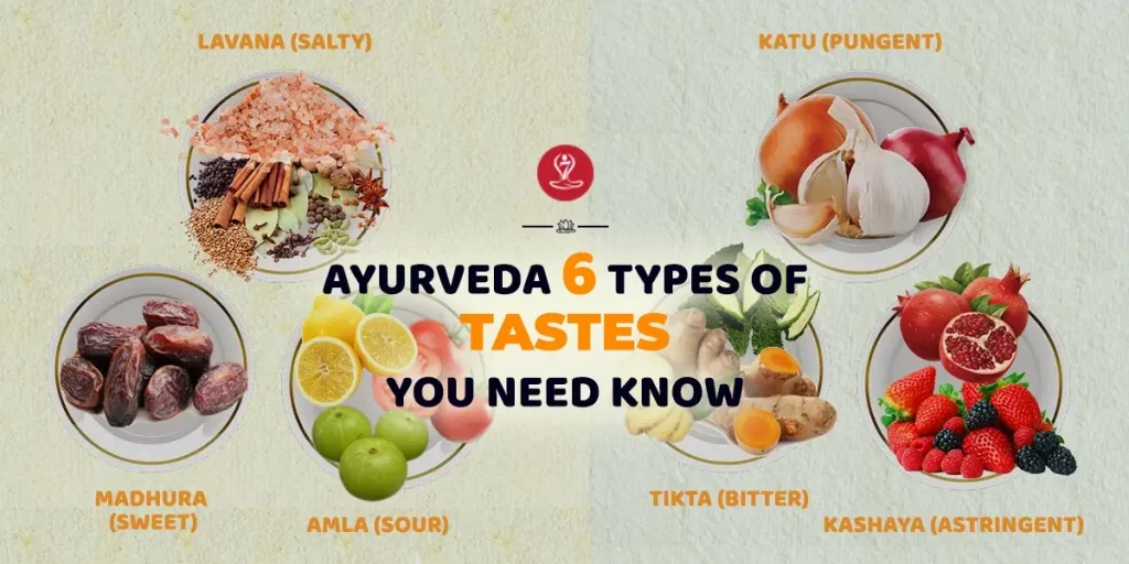 Ayurveda six tastes chart showing sweet, sour, salty, pungent, bitter, and astringent foods.