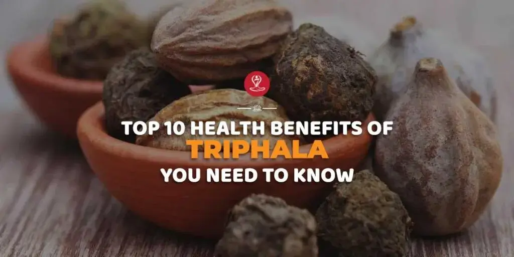 Triphala powder and Ayurvedic herbs showing health benefits, digestive support, detoxification properties, and wellness uses.