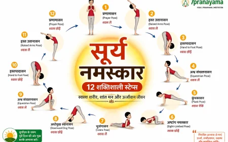 Surya Namaskar 12 steps infographic in Hindi with 3D yoga female character demonstrating Sun Salutation poses for beginners, benefits, breathing guide, and complete yoga sequence by 7Pranayama.