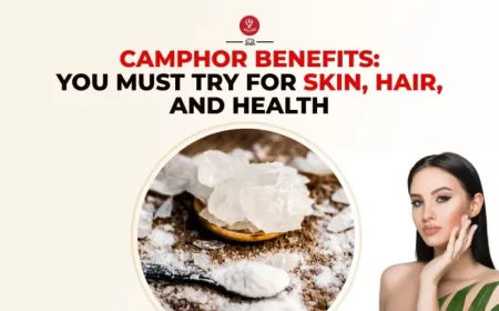 Natural camphor (Kapoor) crystals with coconut oil, herbs, and beauty ingredients, showcasing the traditional benefits of camphor for healthy skin, dandruff control, scalp care, and stronger-looking hair.