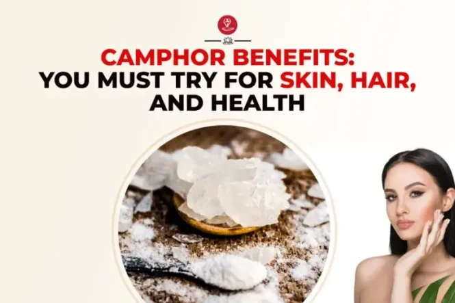 Natural camphor (Kapoor) crystals with coconut oil, herbs, and beauty ingredients, showcasing the traditional benefits of camphor for healthy skin, dandruff control, scalp care, and stronger-looking hair.
