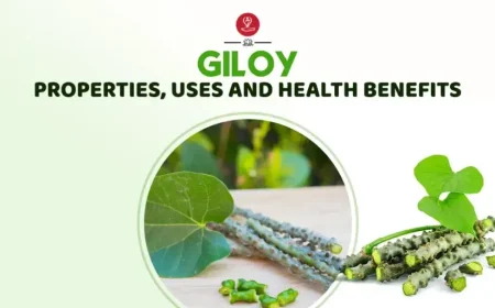 Fresh Giloy (Guduchi) vine and stems displayed alongside Ayurvedic herbs, illustrating the traditional health benefits, properties, and uses of Giloy for immunity, digestion, and overall wellness.