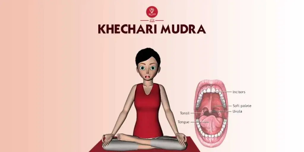 Khechari Mudra step-by-step guide showing proper tongue placement during meditation for improved focus and relaxation.