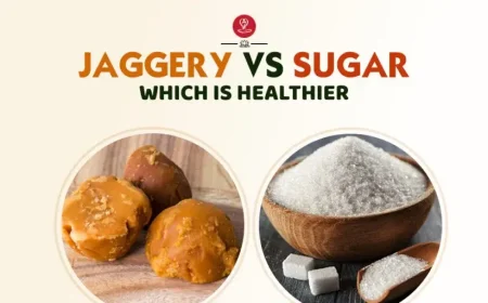 Jaggery and sugar side by side on a wooden board