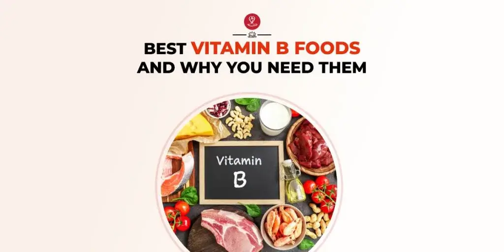 Assorted vitamin B foods: eggs, nuts, seeds, spinach, banana
