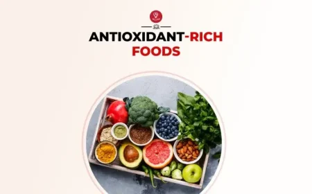 Assortment of antioxidant-rich foods like berries and nuts on a wooden table