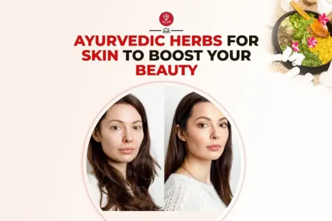 Ayurvedic herbs for skin including neem leaves, turmeric powder, amla fruit, tulsi leaves, and aloe vera displayed with natural skincare ingredients for healthy glowing skin.