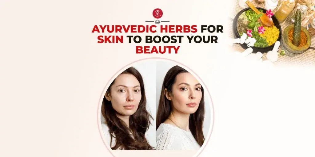 Ayurvedic herbs for skin including neem leaves, turmeric powder, amla fruit, tulsi leaves, and aloe vera displayed with natural skincare ingredients for healthy glowing skin.