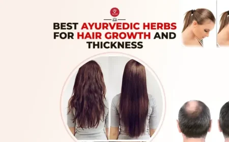 Best Ayurvedic herbs for hair growth infographic featuring bhringraj, amla, brahmi, hibiscus, fenugreek, scalp nourishment tips, hair fall reduction strategies, and natural remedies for thicker, healthier hair.