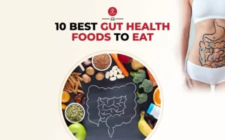 Assorted gut-friendly foods including yogurt, kimchi, whole grains, fruits, and vegetables