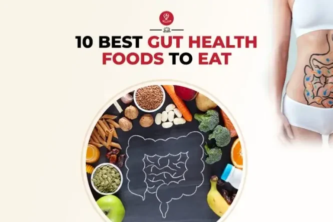 Assorted gut-friendly foods including yogurt, kimchi, whole grains, fruits, and vegetables