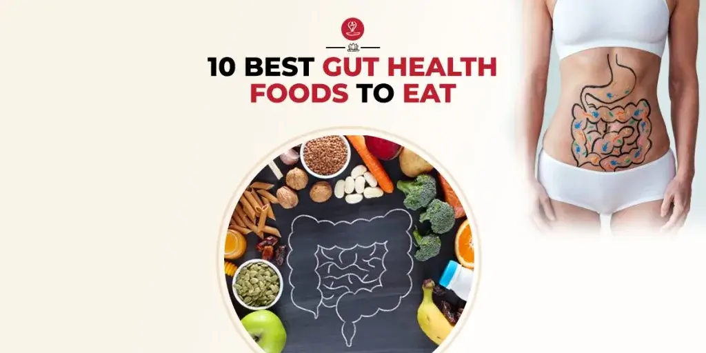Assorted gut-friendly foods including yogurt, kimchi, whole grains, fruits, and vegetables