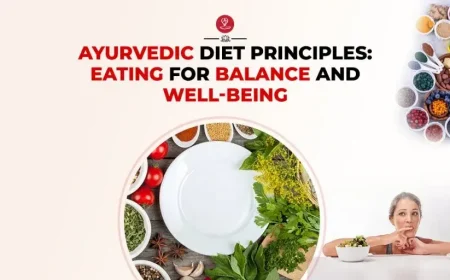 Ayurvedic diet principles chart showing Vata, Pitta, and Kapha doshas with healthy foods, herbs, spices, and balanced meal planning for natural wellness.