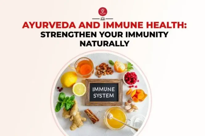 Ayurvedic herbs, spices, and wellness ingredients arranged naturally with turmeric, tulsi, amla, and herbal tea, representing immune health, natural immunity support, holistic wellness, and traditional Ayurvedic healing practices.
