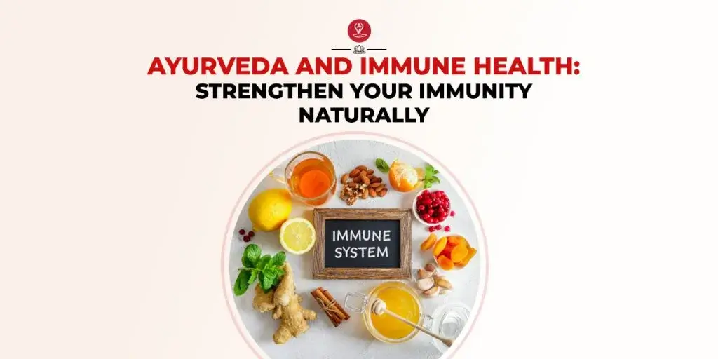 Ayurvedic herbs, spices, and wellness ingredients arranged naturally with turmeric, tulsi, amla, and herbal tea, representing immune health, natural immunity support, holistic wellness, and traditional Ayurvedic healing practices.