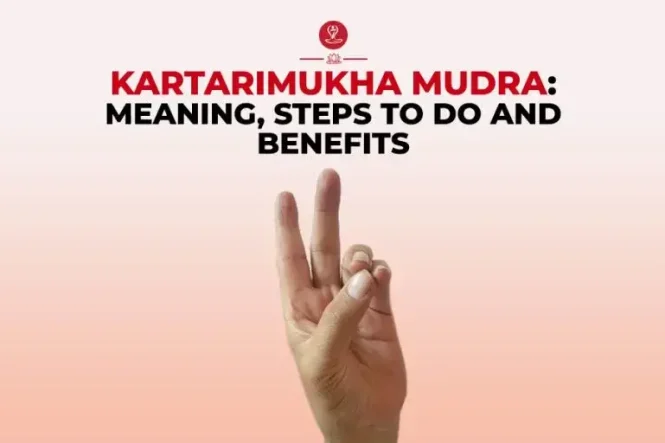 Kartarimukha Mudra hand gesture demonstrating the correct finger position during yoga meditation.