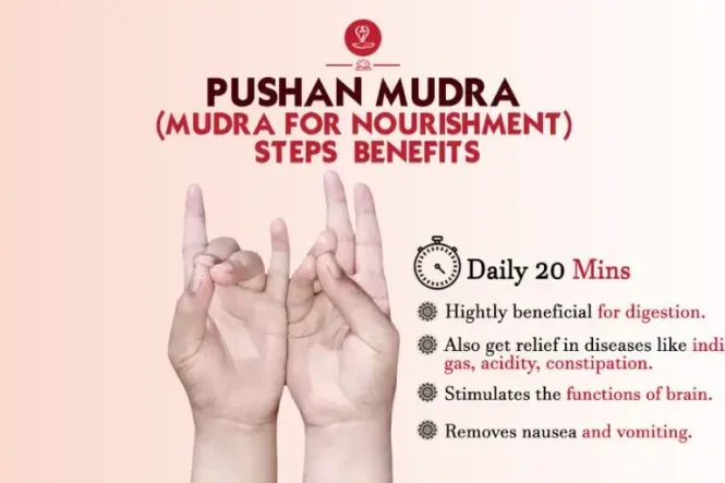 Pushan Mudra hand gesture demonstrating the correct finger positions for digestion, relaxation, and yoga meditation.