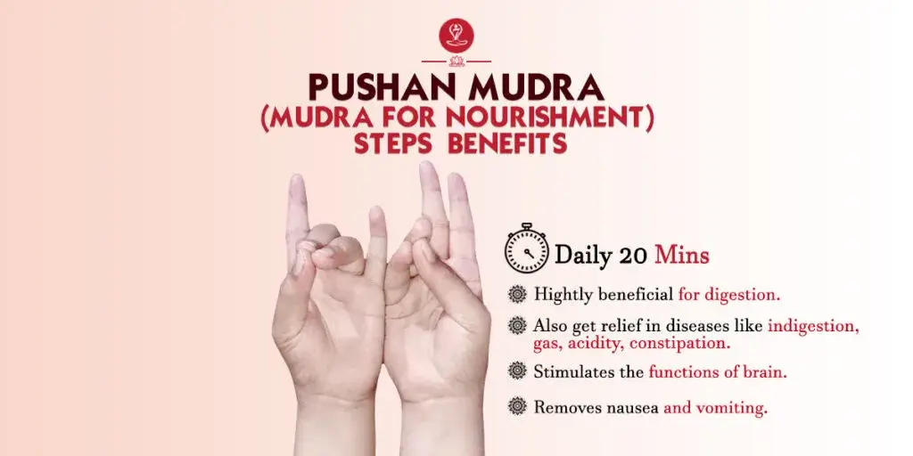 Pushan Mudra hand gesture demonstrating the correct finger positions for digestion, relaxation, and yoga meditation.