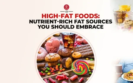 Healthy high-fat foods arranged on a wooden table