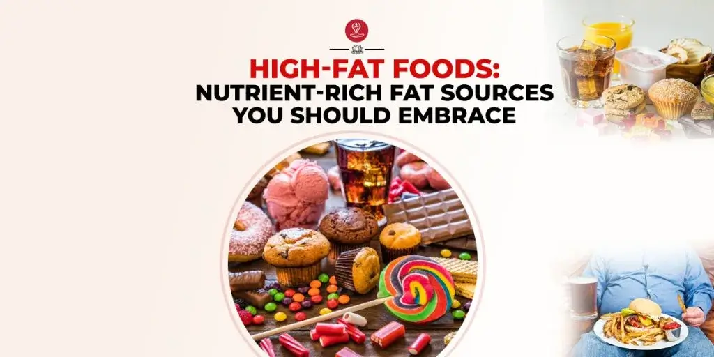 Healthy high-fat foods arranged on a wooden table