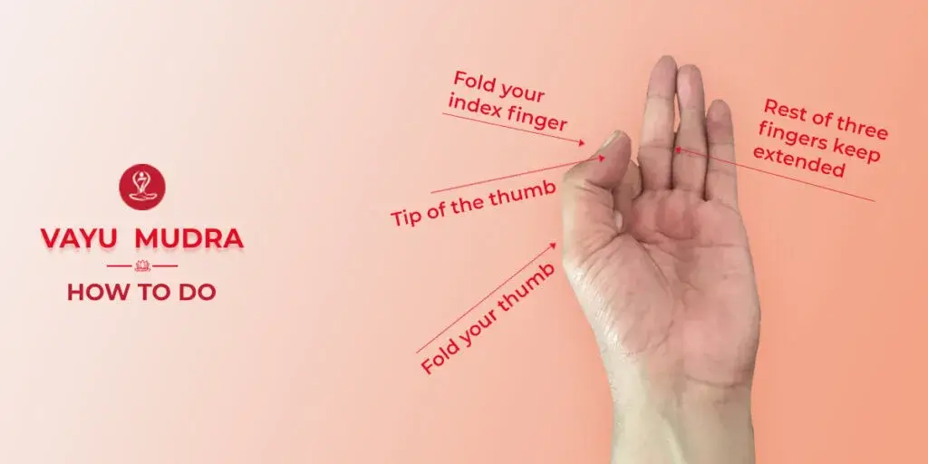 Person demonstrating the correct Vayu Mudra hand gesture during yoga meditation.