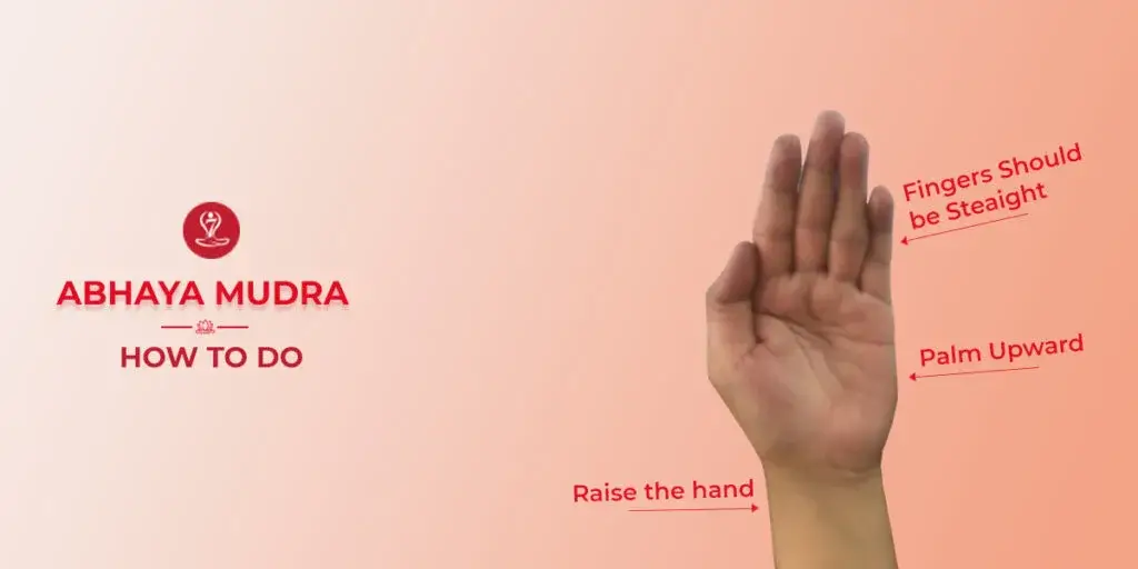 Person practicing Abhaya Mudra (Gesture of Fearlessness) during meditation in a peaceful yoga pose.