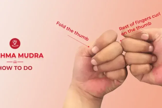 Person performing Brahma Mudra yoga neck exercise with gentle head movements to improve neck flexibility, posture, relaxation, and mindfulness during meditation.