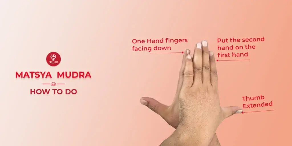 Woman practicing Matsya Mudra (Gesture of the Fish) in a seated meditation pose with proper hand position to promote relaxation, mindfulness, concentration, and overall wellness.