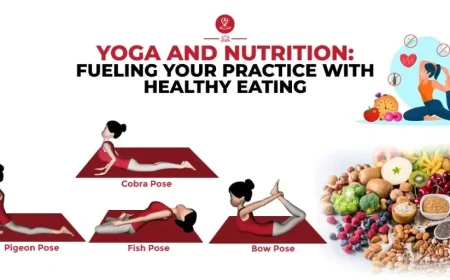 Woman practicing yoga with healthy fruits and vegetables beside yoga mat