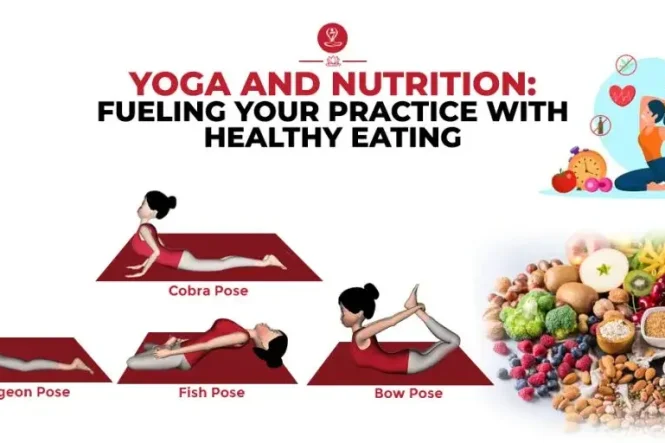 Woman practicing yoga with healthy fruits and vegetables beside yoga mat