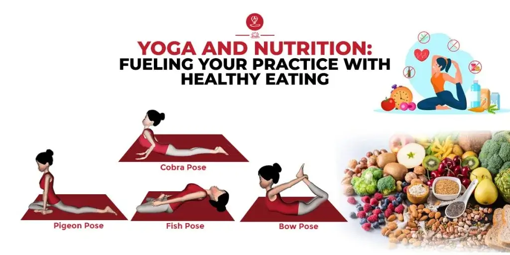Woman practicing yoga with healthy fruits and vegetables beside yoga mat