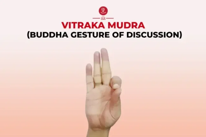 Person practicing Vitarka Mudra (Gesture of Teaching) in a seated meditation pose with thumb and index finger touching, symbolizing wisdom, mindfulness, concentration, and inner peace.
