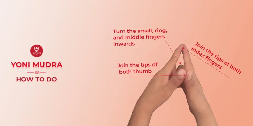 Person demonstrating Yoni Mudra hand gesture while sitting in a meditation pose during yoga practice for relaxation, mindfulness, and inner peace.