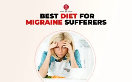 Healthy migraine diet foods including leafy greens, fruits, nuts, seeds, and water on a kitchen table
