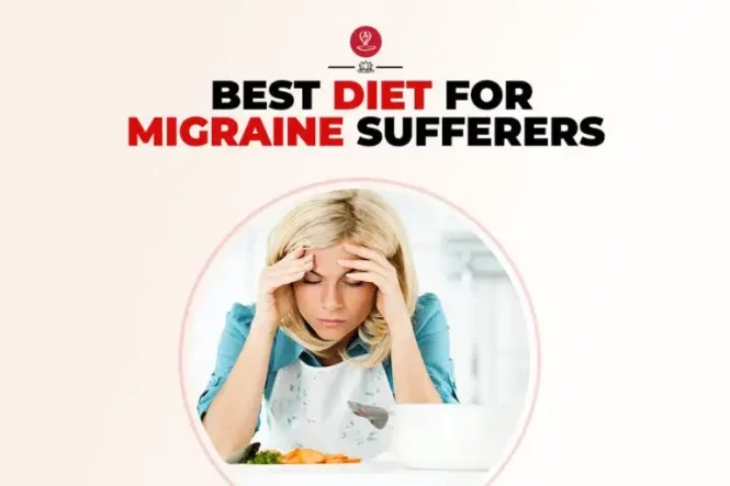 Healthy migraine diet foods including leafy greens, fruits, nuts, seeds, and water on a kitchen table