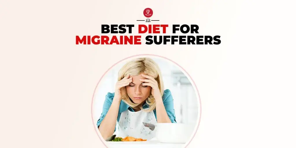 Healthy migraine diet foods including leafy greens, fruits, nuts, seeds, and water on a kitchen table