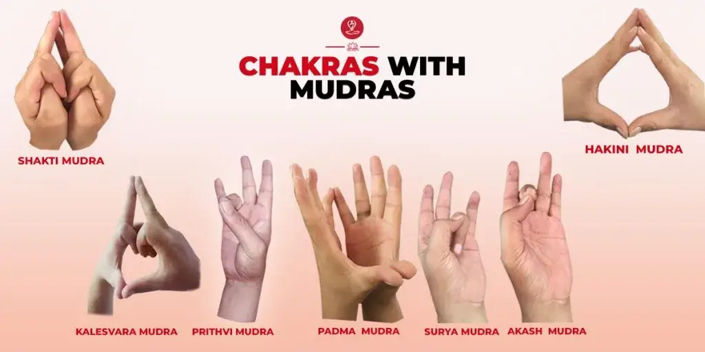 Person practicing yoga mudras for balancing all seven chakras during meditation